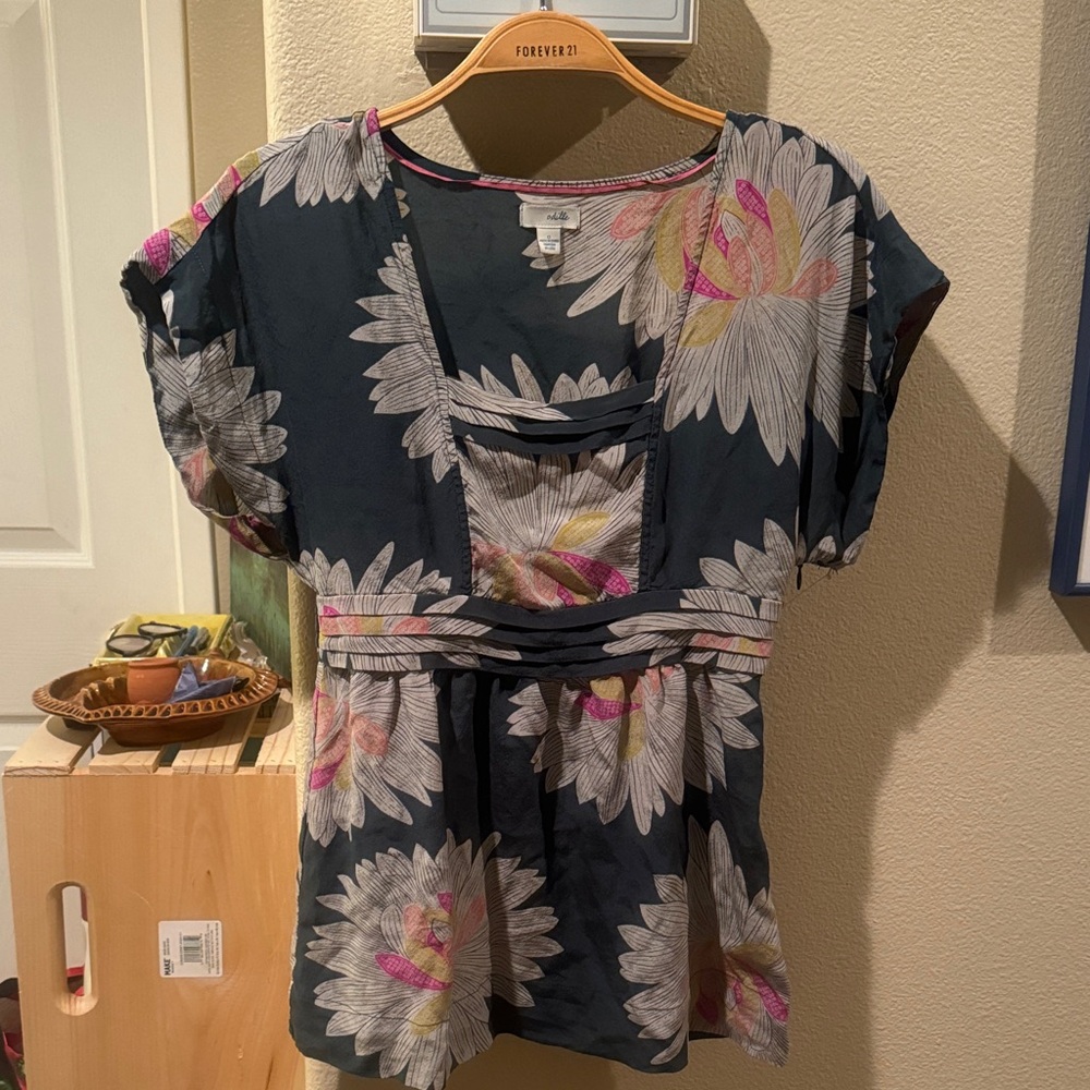 Odille Black Floral Short-Sleeve Blouse with Pink and Yellow Accents